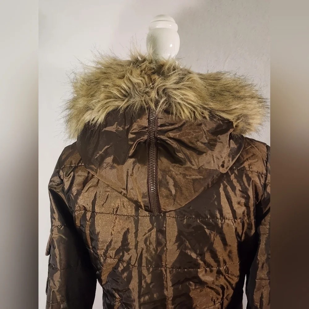 Tulle Anthropologie Brown Button Front Furry Hood Women's Puffer Coat Parka Smal - Picture 4 of 12